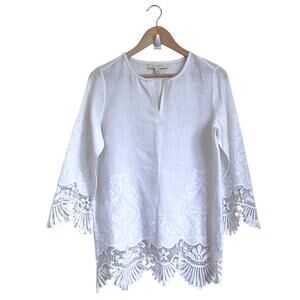 Anthropologie Etcetera Womens Shirt Size 6 White Linen Embroidery Lace Minimal‎